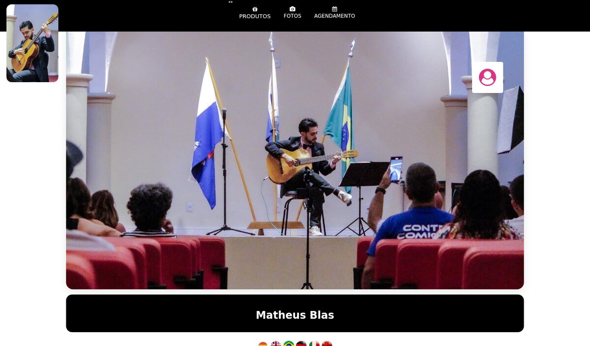 Página de um músico no guia com produtos, fotos e agendamento