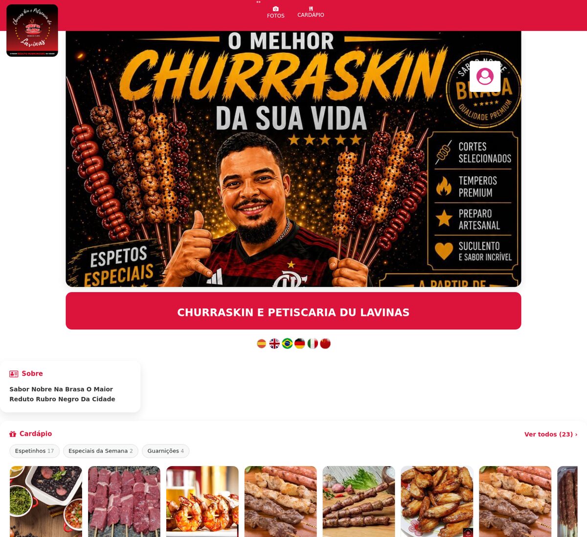 Página de um restaurante no Guia RioBrasil, com capa, cardápio e horários